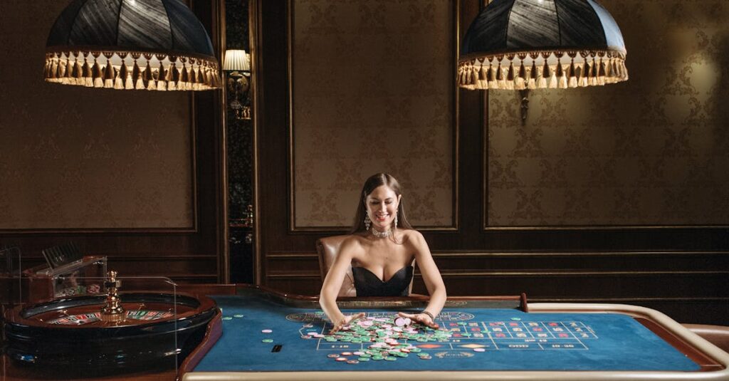 A glamorous woman enjoying a game of roulette at a luxurious casino table.